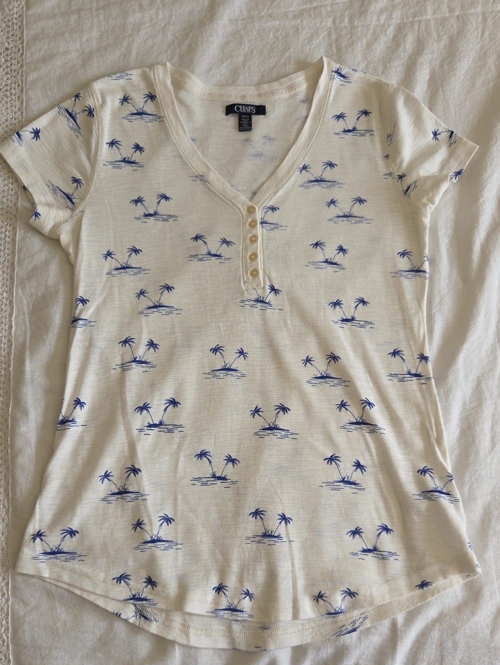 Chaps Cream Short-Sleeve Henley Tee with Blue Palm Print